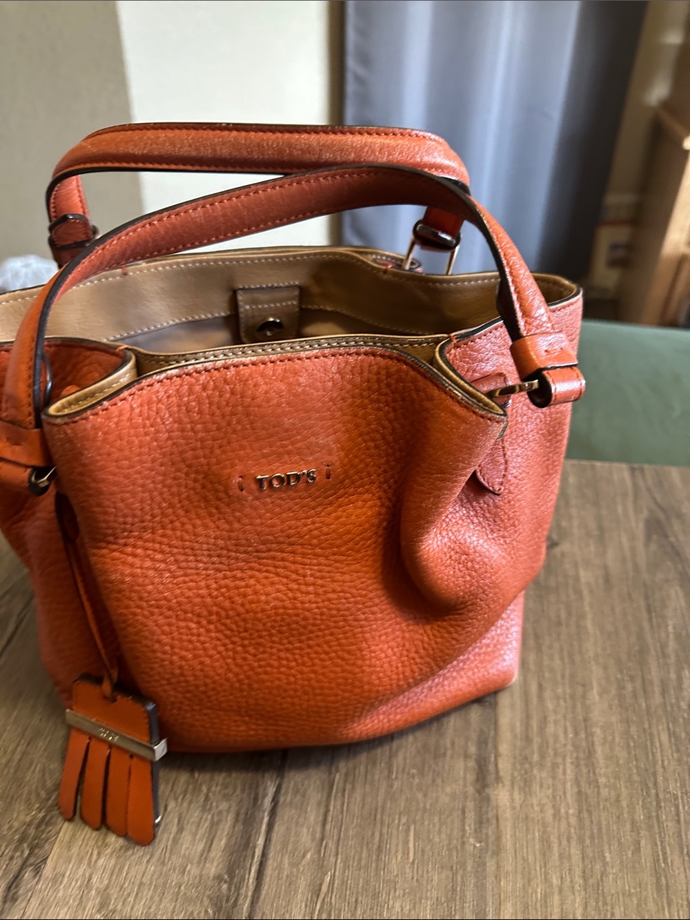 Tod's Orange Pebbled Leather Bucket Bag with Top Handles